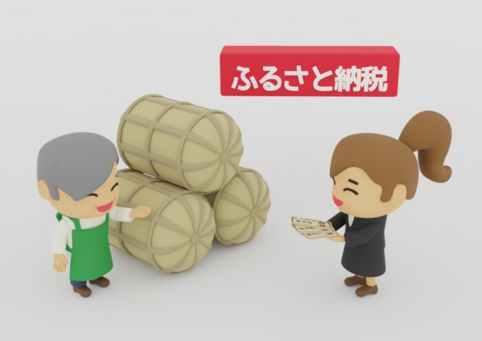 米俵の前で生産者から返礼品を受け取る女性のイラスト|2,000円で返礼品を受け取れるふるさと納税の仕組み